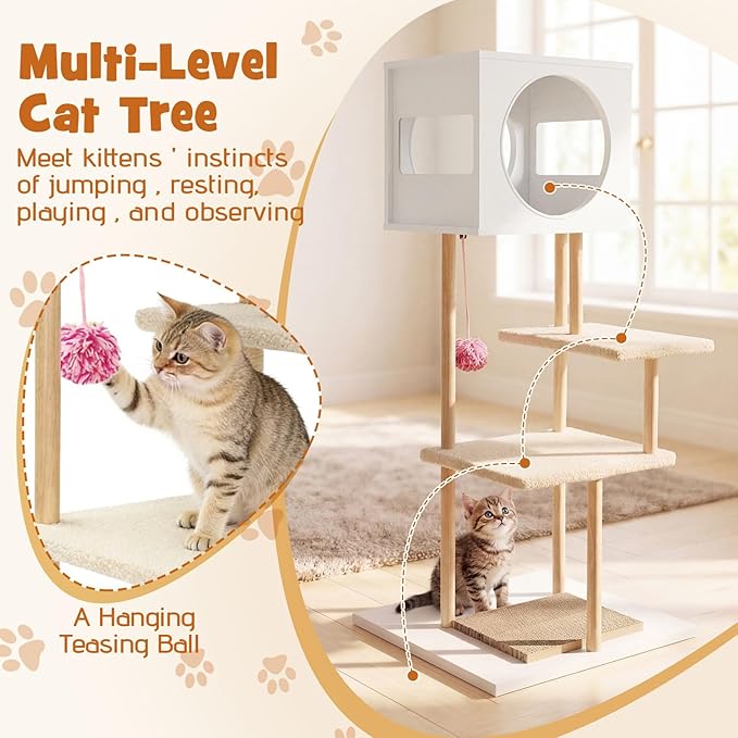 Tangkula Modern Cat Tree, 40 Inches Minimalist Wood Cat Tower with Rubber Wood Posts, 2 Cardboard Scratching Pads, 2-Door Condo, Dangling Ball, Jumping Platforms for Indoor Cats