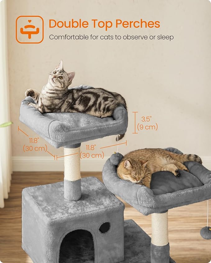 Feandrea Cat Tree, 56.3-Inch Cat Tower, Multi-Level Plush Condo with 11 Scratching Posts, 2 Perches, Hammock, Cave, Light Gray UPCT15W