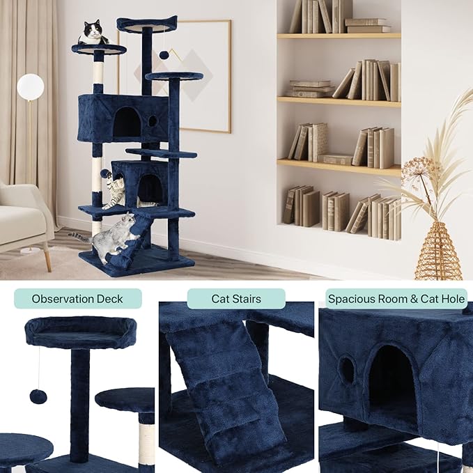 Cat Tree for Indoor Cats Cat Condo Cat Tower with Scratching Post Cat Tease Ball Perches Platform for Small and Medium Cats 54 Inch Multi-Level, Navy Blue