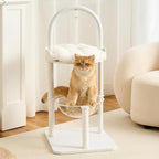 Modern Cat Tree Tower for Indoor Cats up to 12lbs, 34" H Furniture-Style Metal Cat Tower with Scratching Posts, Wood Cat Bed with Soft Plush Cushion Washable, Acrylic Capsule, Soft White