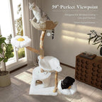 Cat Tree for Indoor Cats Large Adults, 59 Inches Modern Cat Tower with Large Basket and Hammock, Natural Solid Wood, Luxury Condo & Dual Perches, Modern Cat Furniture for Big Cats, White