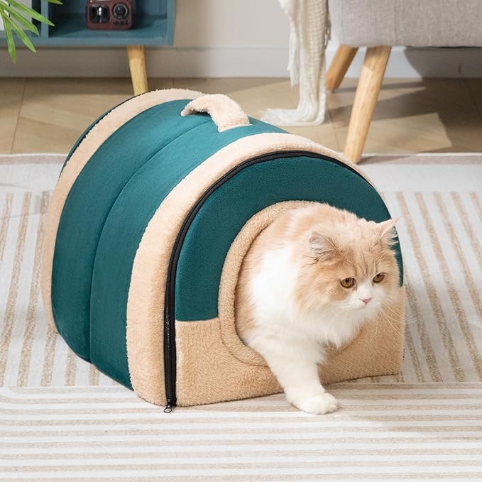 Hollypet Cat Bed Self-Warming 2 in 1 Foldable Kitty Cave Hut House Nest Pet Sleeping Bed, Crystal Velvet Pet Condo for Indoor Cats, Green Arched Cave