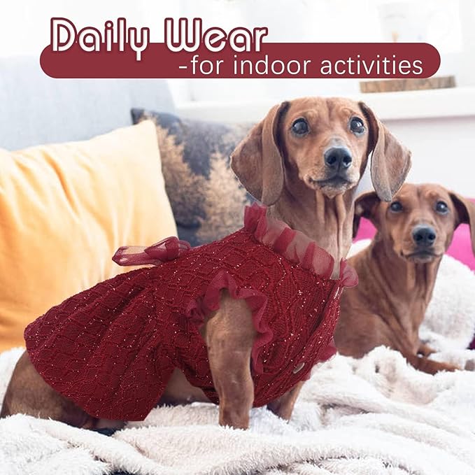 Kuoser Dog Dress, Cute Dog Dresses for Small Dogs Girl Elegant Puppy Tutu with Bow-Knot, Doggie Princess Costume Pet Outfit for Birthday Party Christmas Halloween Wedding, Red XS