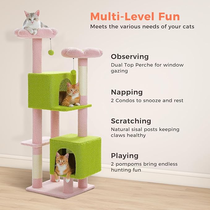 PEQULTI 53" Cat Tree for Indoor Cats, Multi-Level Cat Tower with Cozy Cat Condo Clearance Prime, Pink