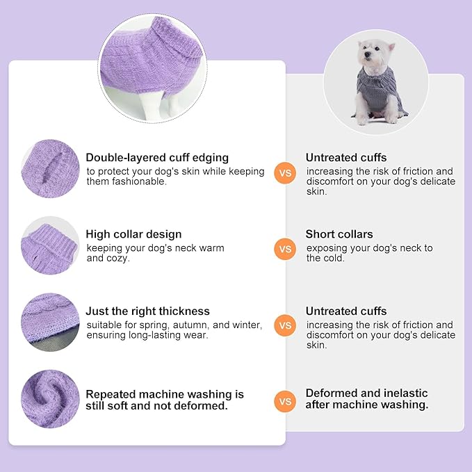 BEAUTYZOO Small Dog Sweater -Turtleneck Pullover Classic Cable Knit Fuzzy Winter Coat Dog Cold Weather Clothes for Small Medium Dogs Puppy Girl Boys,Purple XS
