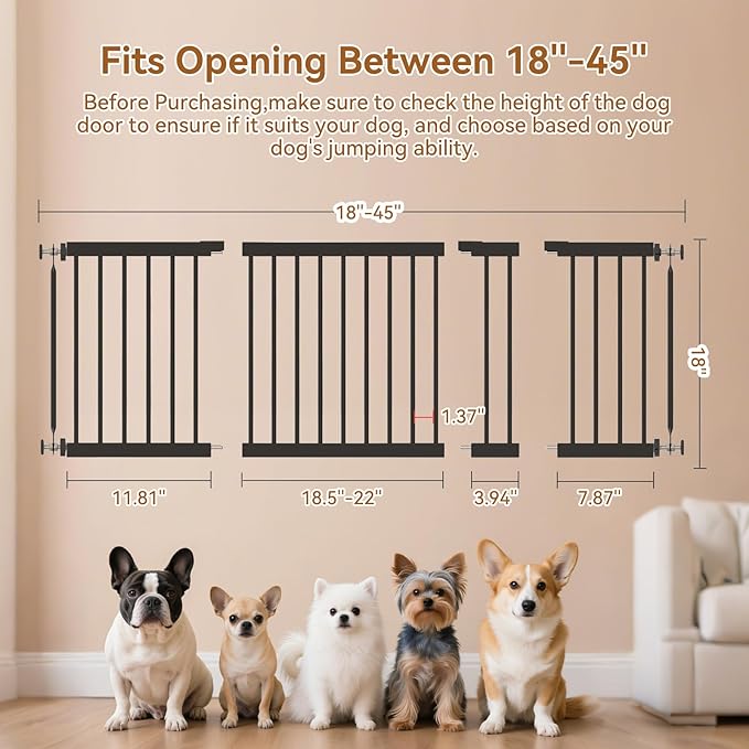 Short Dog Gate,18"-45" Adjustable Extra Wide Metal Short Dog Gate to Step Over, 18" Tall Small Pet Gate with 3 Extension Kits