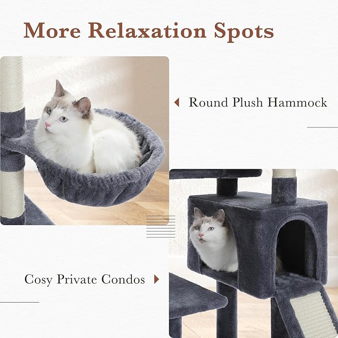 PEQULTI 60'' Cat Tree, Tall Cat Tower with 2 Large Condos, Wide Top Perch, Cozy Hammock and Sisal Scratching Posts for Indoor Cats Lare Adult Smoky Gray