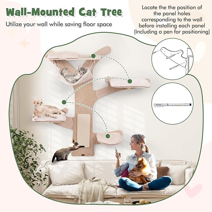 Tangkula Cat Wall Shelves, Wall Mounted Cat Tree Furniture with 4 Padded Platforms, Hammock, Sisal Scratching Mat, Removable & Washable Cushions, 5-Level Cat Climbing Steps for Wall