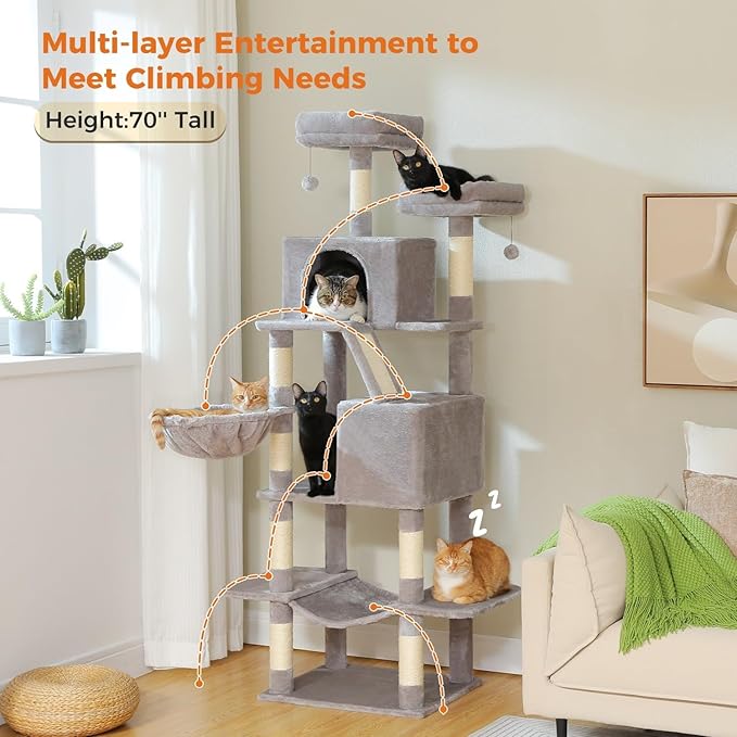 70 inch Sturdy Cat Tree for Indoor Cats Extra Large Cat Tower with Scratching Post, Hammock, Cat Condo for Adult Cats Kittens