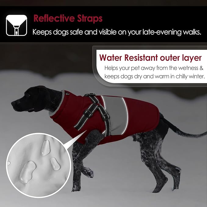 AOFITEE Dog Winter Coat, Dog Christmas Sweater, Dogs Coat with Harness Built in, Warm Jacket for Large Dogs, Reflective Waterproof Pet Puffer Jacket Snowsuit Windproof Pet Sweater, Burgundy XL