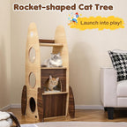 PETSITE 47-inch Rocket-Shaped Wood Cat Tree, Multi-Level Modern Cat Tower with Large Double-Layer Condo, Interactive Hanging Ball and Detachable Sisal Mats, Ideal for Indoor Cats