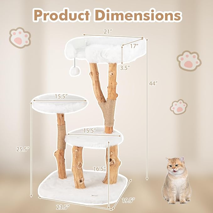 Tangkula Solid Wood Cat Tree, Modern Wooden Cat Tower with Perch, Jute Scratching Posts, Dangling Ball, Soft Long Plush, Luxury Cat Condo, Natural Branch Cute Cat Tree for Indoor Cats