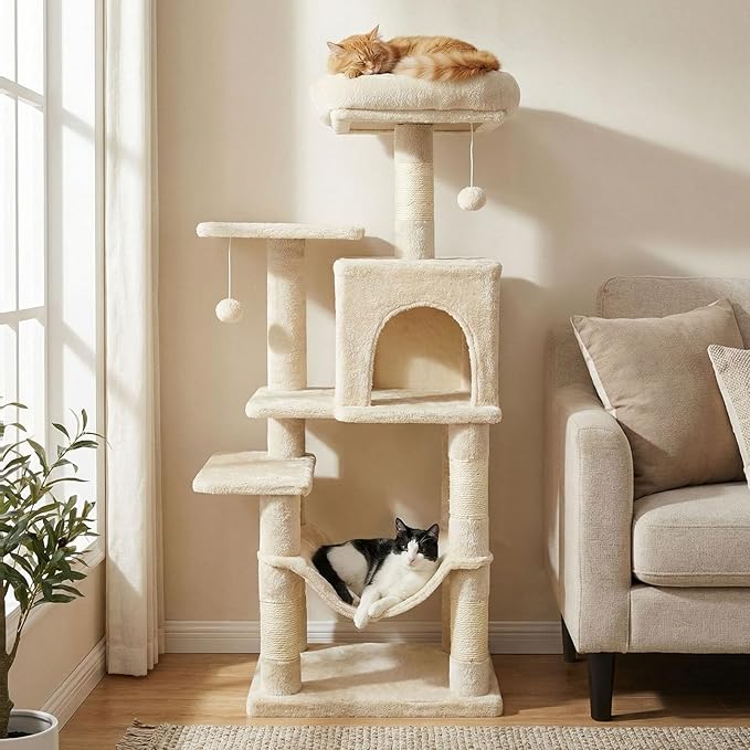Tangkula Cat Tree Tower, 44 Inch Multi-Level Cat Tower with Sisal Scratching Posts, 2-Door Condo, Padded Top Perch & Hammock, 2 Hanging Balls, Jumping Platforms for Indoor Cats (Beige)