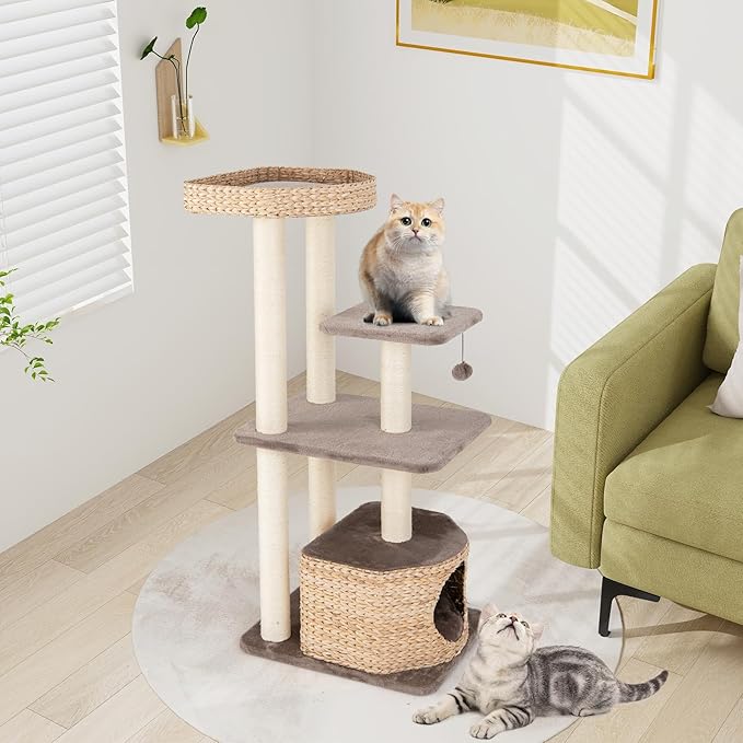 PETSITE 52 inch Cattail Cat Tree, Multi-Level Cat Tower with Scratching Posts, Cat Condo, Top Perch, Hanging Jingling Ball and Soft Washable Cushions, Modern Cat Tree for Indoor Cats