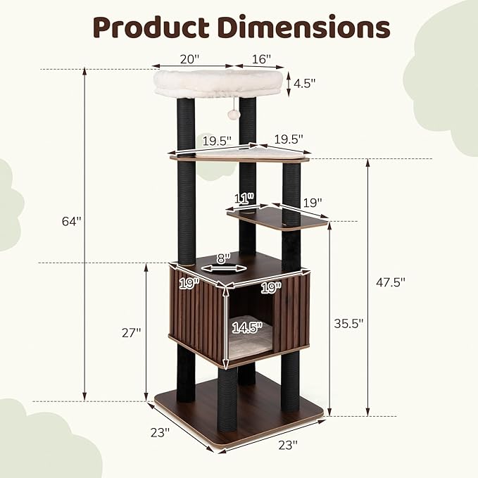 PETSITE 64-inch Wooden Cat Tree, Multi-Level Modern Cat Tower with Scratching Posts, Spacious Condo with Top Cat Hole and Removable Soft Pad, Comfy Padded Top Perch, and Dangling Ball