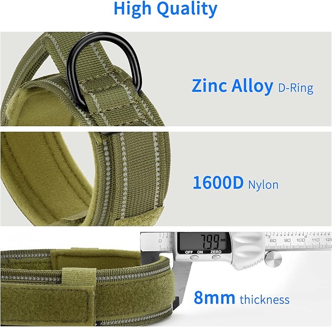 Reflective Tactical Dog Collar Adjustable for Training and Service K9 Dog Collar with Military Nylon Heavy Duty Metal Buckle and Control Handle for Medium and Large Dogs,1.5" Width Green L
