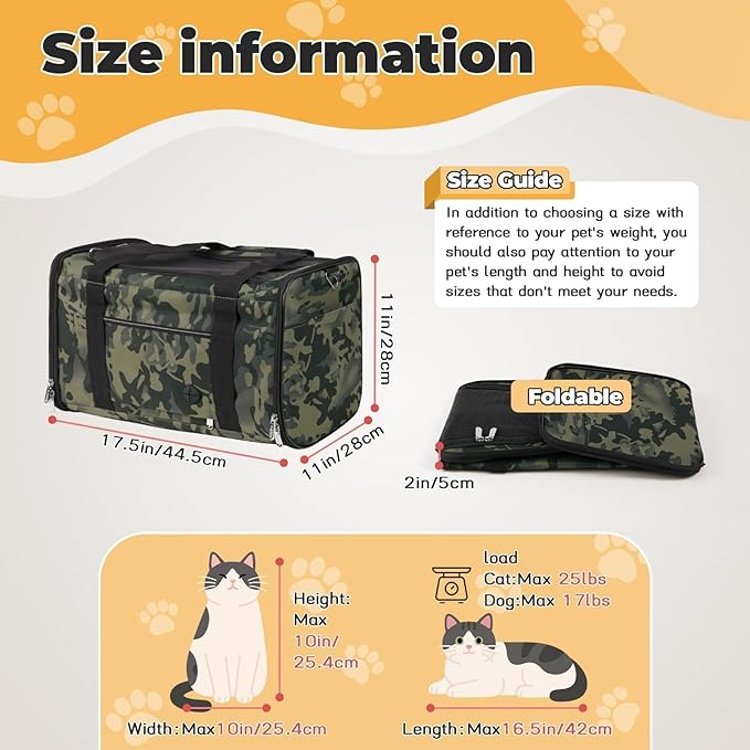 Cat Carrier Soft 25lbs Two Loading Pet Carriers Portable Small Dog Puppy Airline Approved Carrier with Side Pockets Foldable Portable for Outdoor Car Black Camouflage