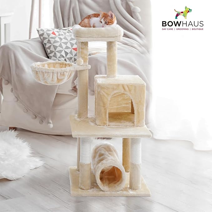 Tall Cat Tree for Indoor Large Cats or Kittens, Multi-Level Cat Activity Tree with Scratching Posts, Hammock, Cat Cave Condo, Modern Cute Small Cat Climbing Tower with Widened Perch