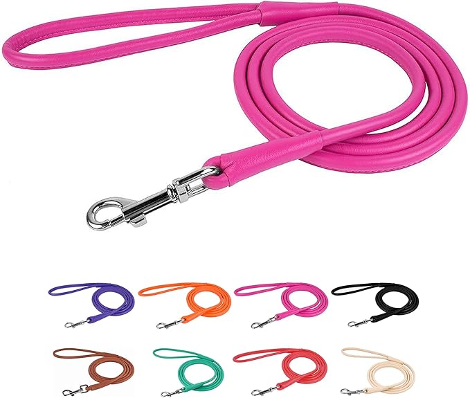 CollarDirect Rolled Leather Dog Leash 4ft, Soft Padded Training Leather Dog Lead 6ft, Puppy Leash Rolled Leather Small Medium Large Black Blue Red Orange Green Pink White (Pink, Size XL 6ft)