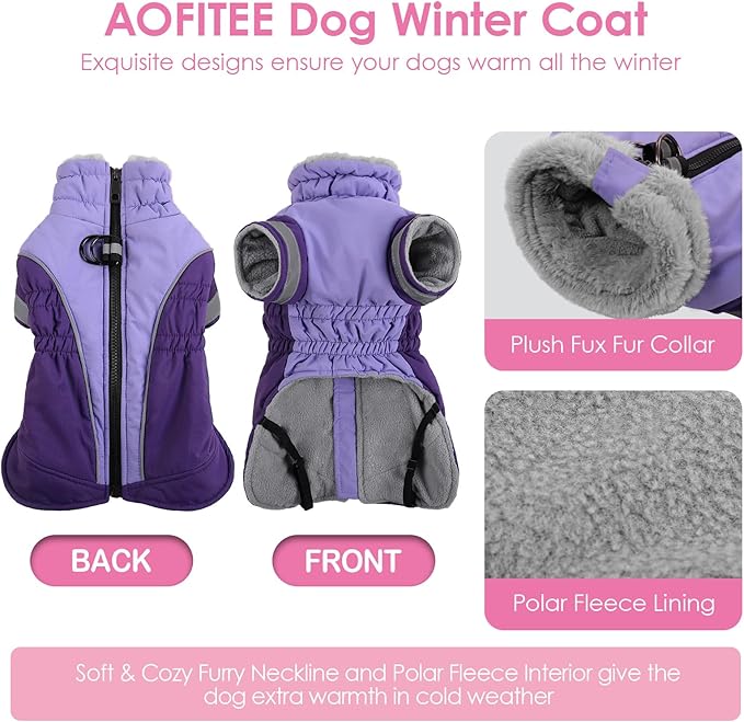 AOFITEE Dog Coat- Two Legged Extra Large Dog Winter Jacket - Zipper Dogs Cold Weather Coat with Harness, Warm Pet Puffer Jackets Reflective Pet Snow Coats for Great Dane, Purple 3XL