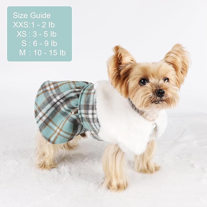 Dog Sweater with Leash Set Plaid Fleece Dog Clothes for Small Dogs Girl Boy Winter Pet Dress Cold Weather Coat Fall Sweater for Chihuahua Yorkie Cat Puppy Costumes (Turquoise, Medium)