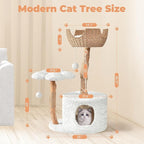 Easyego Modern Cat Tree, 39.3" Aesthetic Wood Cat Tree Tower for Large Cats, Luxury Cat Condo with Scratching Posts and Flower Platforms, Cat Furniture, White