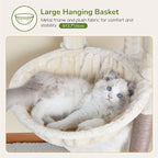 Globlazer Cat Tree for Indoor Cats Large Adult, 74in Tall Cat Tower with Scratching Post, Heavy Duty Cat Tree Tower with 2 Spacious Caves, Oversized Top Perch, Big Hanging Basket, F74B, Beige