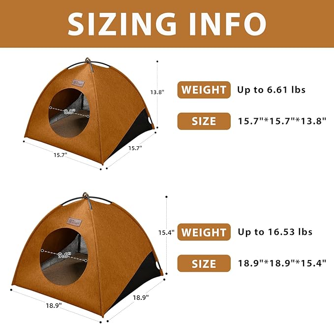 Pop-up Cat Tent Indoor Outdoor, Waterproof Cat House with Removable Cushion for All Seasons, Portable Pyramid Cat Cave Bed for Cats & Small Dogs, No Assembly Folding Pet Tent,18.9x18.9x15.4,Brown
