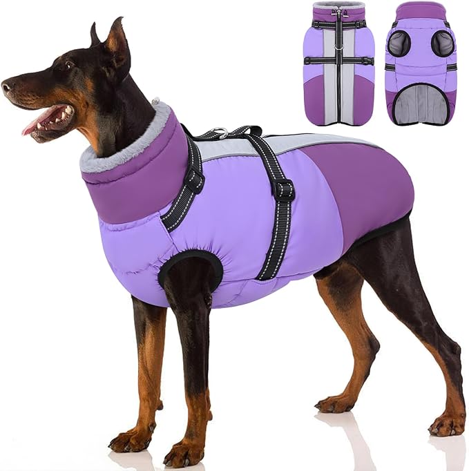 SUNFURA Dog Coat, Warm Dog Jacket with Harness Built in, Waterproof Pet Winter Coat Snowsuit with Zipper, Reflective Fleece Jacket for Extra Large Dogs, Weimaraner, Purple XXL