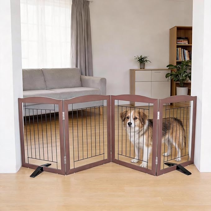 Dog Fence Indoor,Dog Gate Indoor for Doorway pet gate -4-Panel Freestanding, Hallways, House or Stairs -80x24-Inch Retractable Foldable Expandable Wood Pet by SFJC (Brown) ﻿