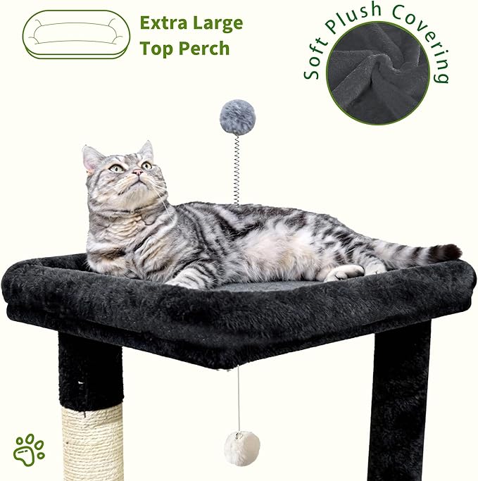 Cat Tree Tower for Indoor Cats, Adult Cat Tree House for Large Adult Cats with Steps, Scratching Post, 3 Cat Caves, Dangling Toys (Dark Gray)