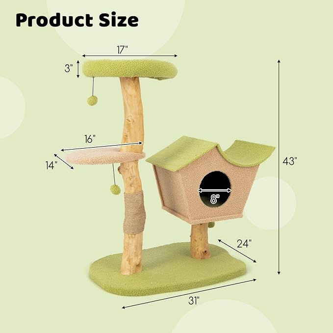 Tangkula Cat Tree, Solid Wood Cat Tower with Jute Scratching Post, Condo, Perch, Jingling Ball, Multi-Layer Activity Center, Modern Cute Cat Tree for Indoor Cats