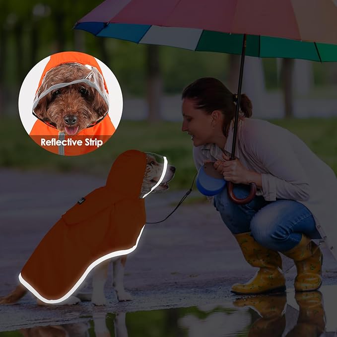SlowTon Dog Raincoat, Adjustable Dog Rain Jacket Clear Hooded Double Layer, Waterproof Poncho with Reflective Strip Straps and Storage Pocket for Small Medium Large Dogs Puppies(OR XL)