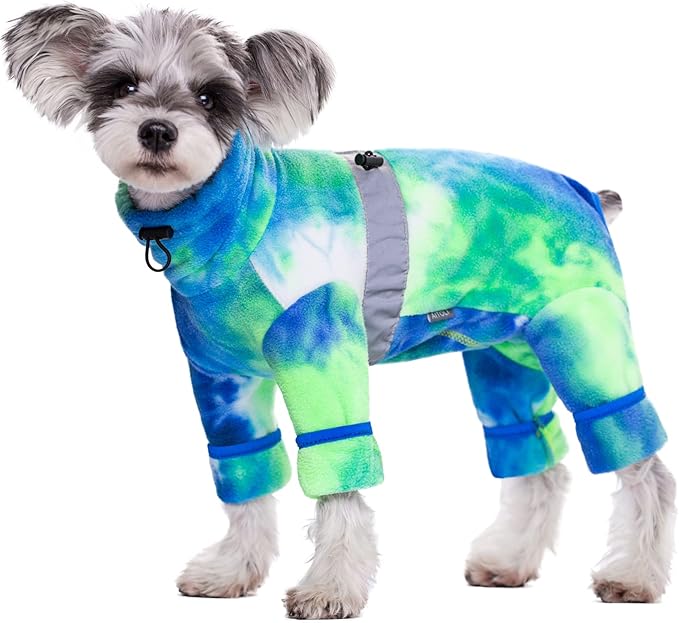 Dog Coat, Tie Dye - Blue Polar Fleece Jumpsuit for Small Medium Dogs, Winter Jacket, Reflective Onesies, Full Body Vest, Four-Legged Warm Clothes