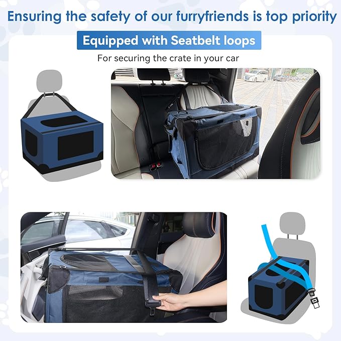 Soft Small Dog Crate - 24 inch Portable Travel Puppy Crate for Small Pets or 2 Cats, Collapsible Pet Carrier with 4 Mesh Doors, Car Kennel for Dogs with Handle for Indoor and Outdoor, Bule