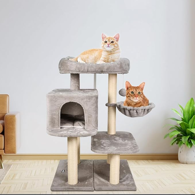 43-in Heavy-Duty Cat Tree for Large Cats, Multi-Level Tower with Sisal Scratching Posts, Plush Perch, Hammock & Condo Anti-Tip Design