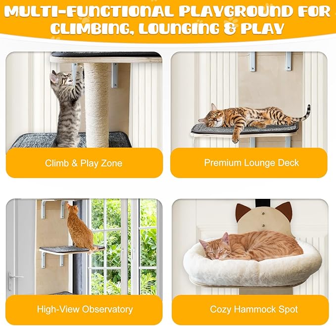 5-Levels Door Hanging Cat Climber, Vertical Door-Mounted Cat Tree Tower with Full Carpeted Plank & Cat Scratching Post for Small Medium Cats (5-Levels, Cat Head Style)