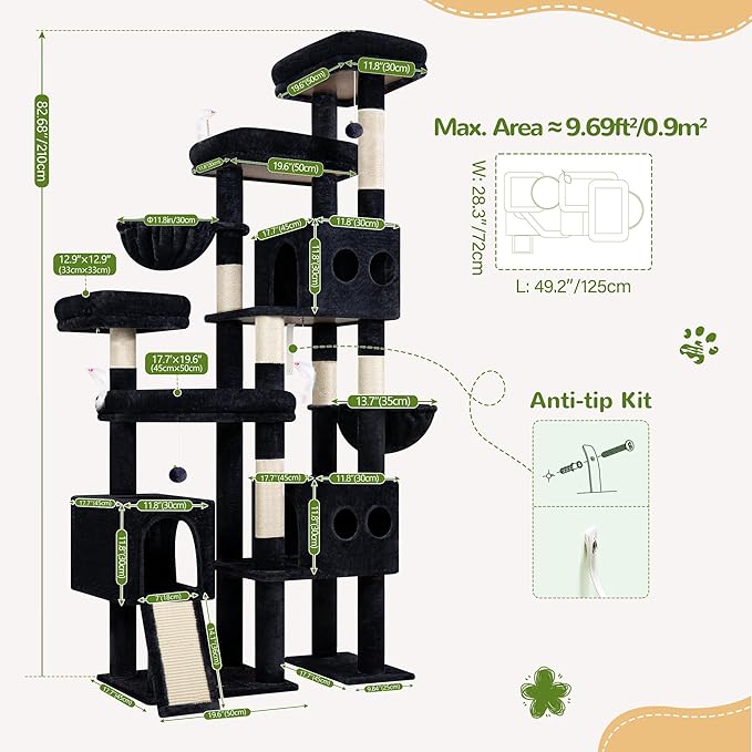Globlazer 82" Extra Large Cat Tree for Big Cats, Heavy Duty Cat Tree for Multi-Cat Household, Maine Coon Cat Tree with 3 Condos, 2 Hammocks, 3 Perches & Scratching Board, S82D, Dark Gray