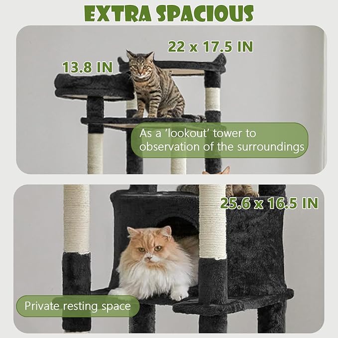 Tall Cat Tree 78.8in, Patent Fabric Multilevel Cat Tower for Adult Cats, Climbing Tree House and Towers with Condo Hammock Scratching Post Large Platform Wide Base
