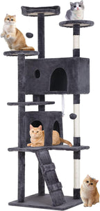 BestPet | 70" Cat Tree Tower | Ashy | Sturdy, Easy to Assemble, Multi-Level Activity Center with Sisal Scratching Posts, Condos, Perches, Hanging Cat Toys, Observation Decks & Ladder