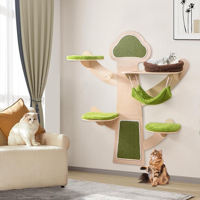 Tangkula Cat Wall Shelves, Wooden Wall Mounted Cat Tree with Hammock, Bed, Hole, Scratching Mats and Post, Green Removable & Washable Cushions, 5-Level Cat Climbing Steps