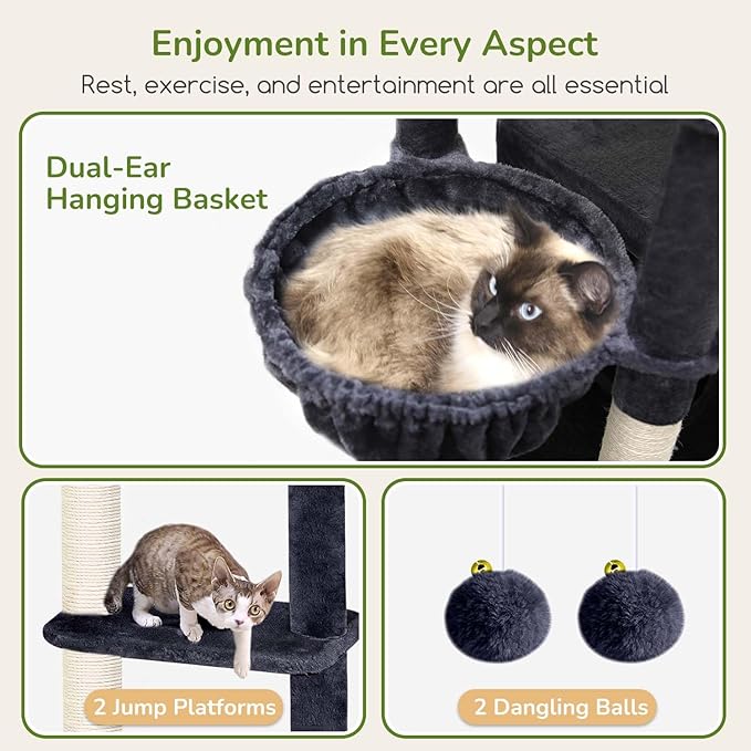 Globlazer Cat Tree for Indoor Cats, 80in Heavy Duty Cat Tower with 6 Full Wrapped Sisal Scratching Posts, 3 Spacious Multi-Level Cat Condos, Oversized Fan-Shaped Perch, S80, Dark Grey