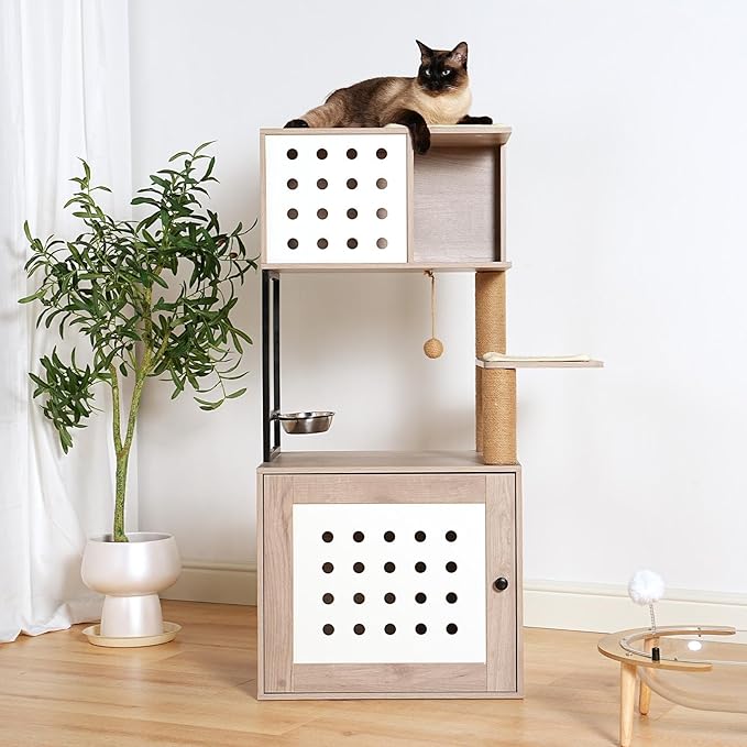 Modern Cat Tree with Litter Box Enclosure, Multi-Level Cat Tower for Indoor Cats with Hammock, Bed, Feeding Station & Scratching Posts, Space-Saving Pet Furniture, Gray