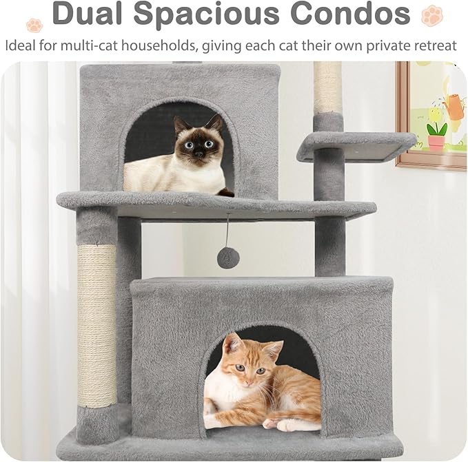 Tangkula 70 Inch Tall Cat Tree, Multi-Level Large Cat Tower with Sisal Scratching Posts, Plush Top Perch, 2 Condos, Hammock, 2 Dangling Balls, Cat Tree Tower for Indoor Cats Large Adults (Light Grey)