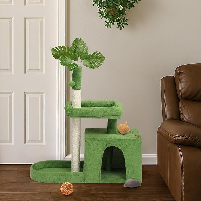39in Plush Cat Tree with Leaves,Multi-Level Cats Tower,Large Pet Activity Center,with Sisal Scratching Post, Cozy Cat Condo, Padded Beds, Dangling Ball,for Kittens and Indoor Cats (Green)