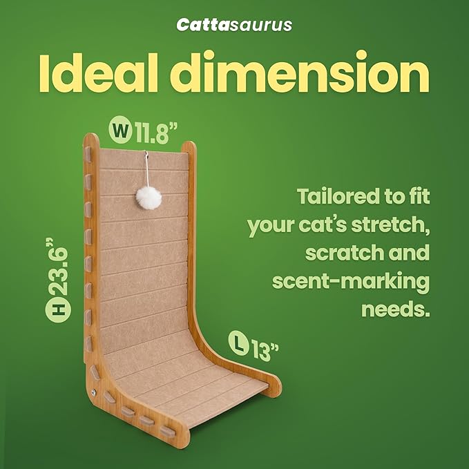Cattasaurus Claw-Resistant L-Shaped Cat Scratcher, Premium 9mm Felt Wall Mount, 24" Height with Dangling Ball Toy, Vertical Scratching Post, Easy Assembly (Beige)