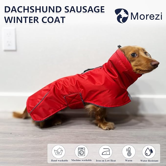 Dachshund Coats Waterproof, Perfect for Dachshunds, Sausage, Weiner Dog Winter Coat with Padded Fleece, Puppy Snowsuit with Adjustable Bands and High Vis Reflective Trim - Red - L
