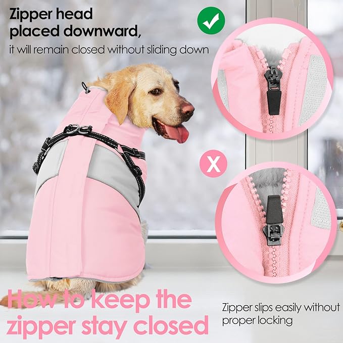 AOFITEE Dog Coat Warm Dog Winter Coat, Waterproof Dogs Jacket with Harness, Dogs Snow Jacket Snowsuit with Zipper & Furry Collar, Reflective Windproof Pet Sweater for Cold Weather, French Bulldog, L