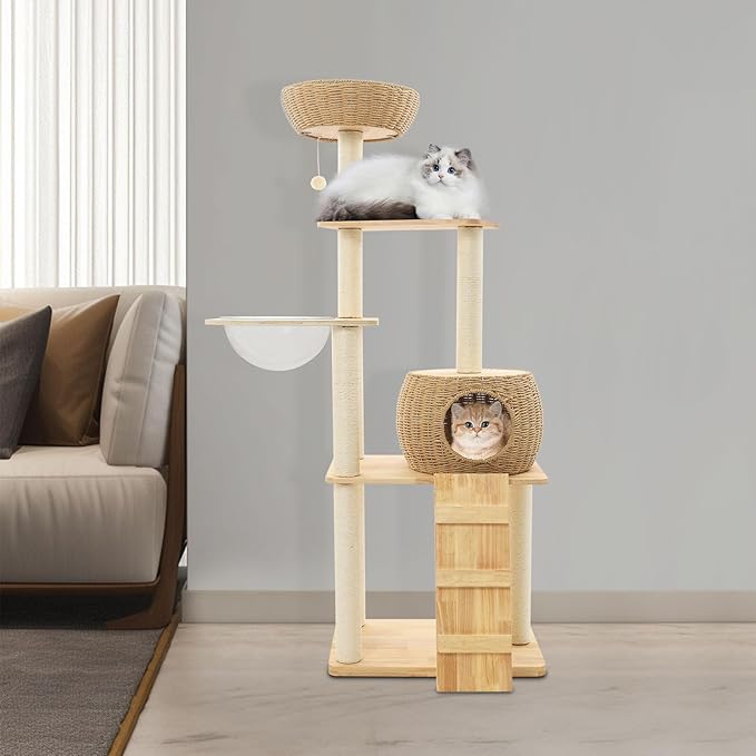 57 Inch Tall Cat Tree with Hammock & Condo, Multi-Level Cat Tower with Scratching Posts & Toys, 24" Width Natural Wood Cat Furniture with Sisal Rope, Cat Climbing Frame for Indoor Cats