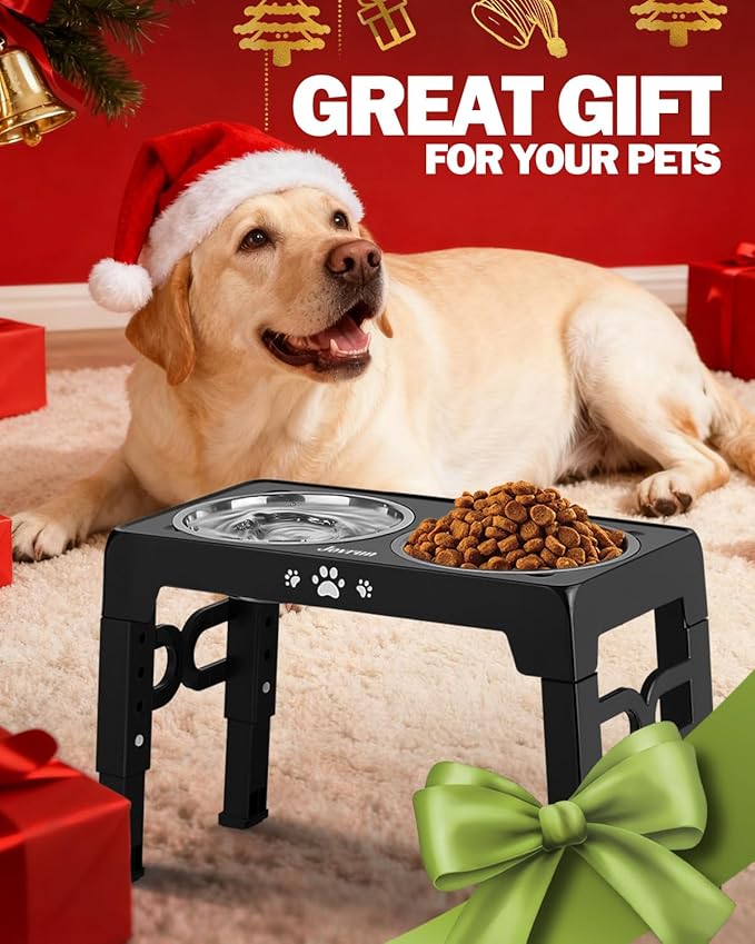 Elevated Dog Bowls for Medium Size Dogs, Non-Slip Dog Feeder with 1*Stainless Steel Dishes & 1*Slow Feeder Bowl, 5 Heights Adjustable Raised Bowls to 3.15″-8.66″-9.84″-11.02″-12.2″